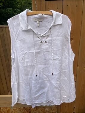 Ellen Tracy White Lace-Up Sleeveless Linen Top